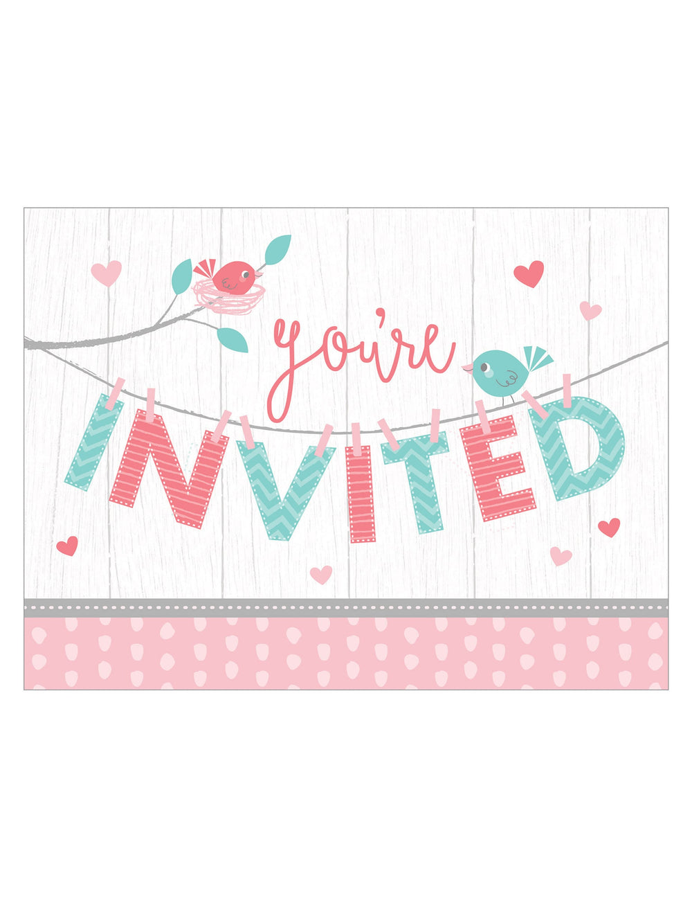 Cartons d'invitation hello baby pour baby shower rose et bleu avec oiseaux et coeurs