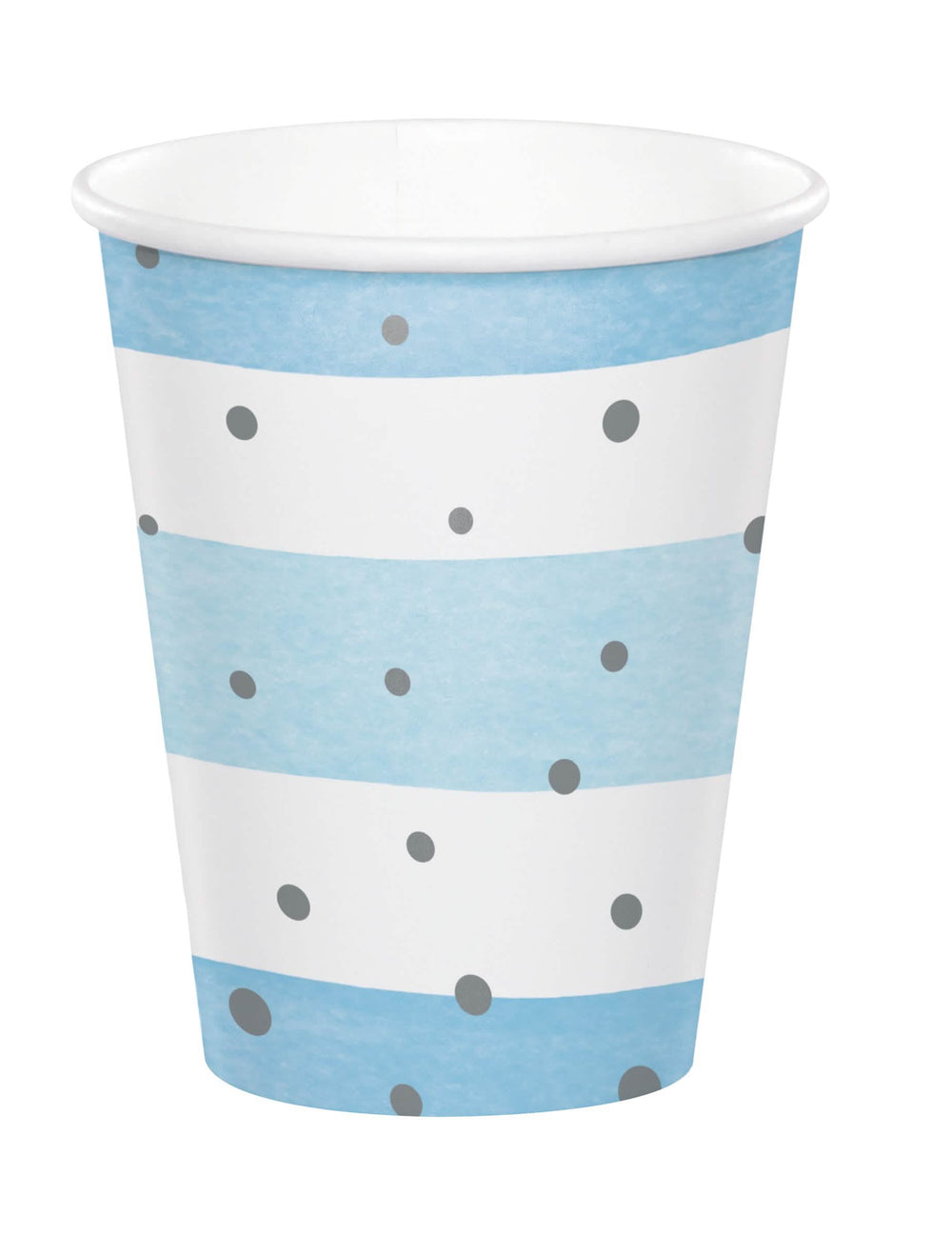 Gobelets en carton à rayures pour fête bleus et blancs à pois argent