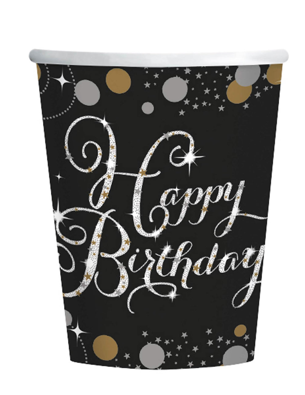 Juhlavat pahvimukit, säihkyvä happy birthday musta hopea ja kulta