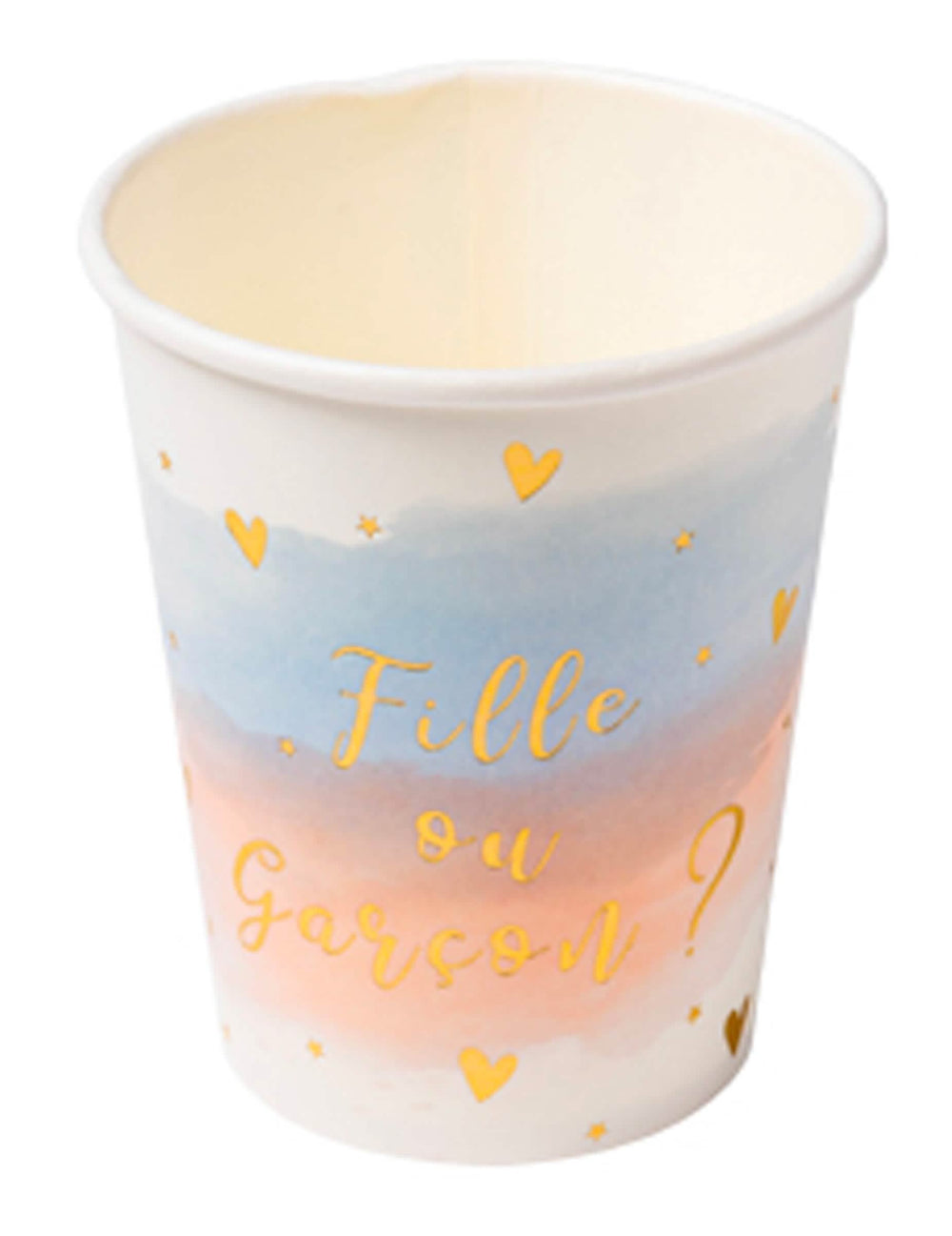 Gobelets en carton fille ou garçon pour baby shower rose bleu et or