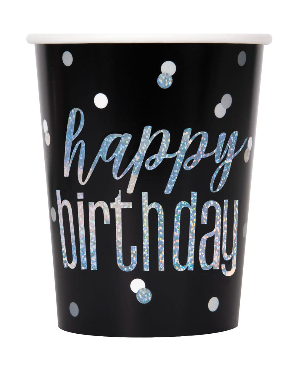Kartonkiset Happy Birthday -kertakäyttölasit juhliin mustina ja harmaana, kiiltävillä konfeteilla