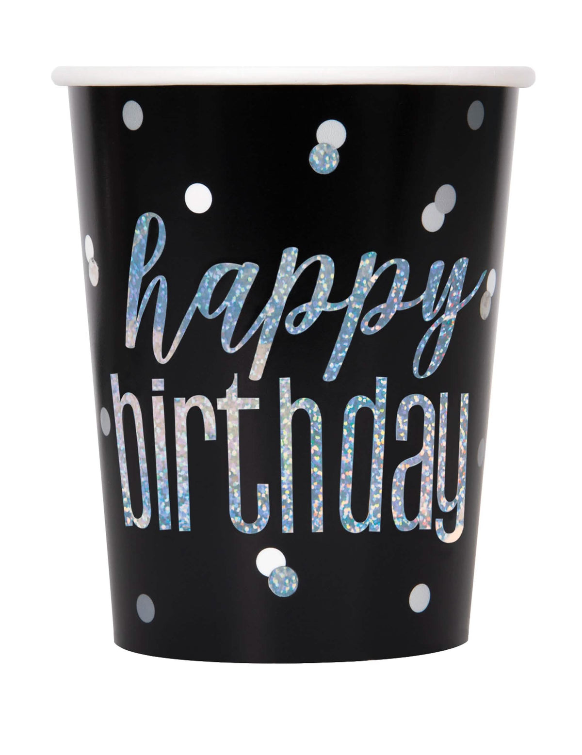 Kartonkiset Happy Birthday -kertakäyttölasit juhliin mustina ja harmaana, kiiltävillä konfeteilla