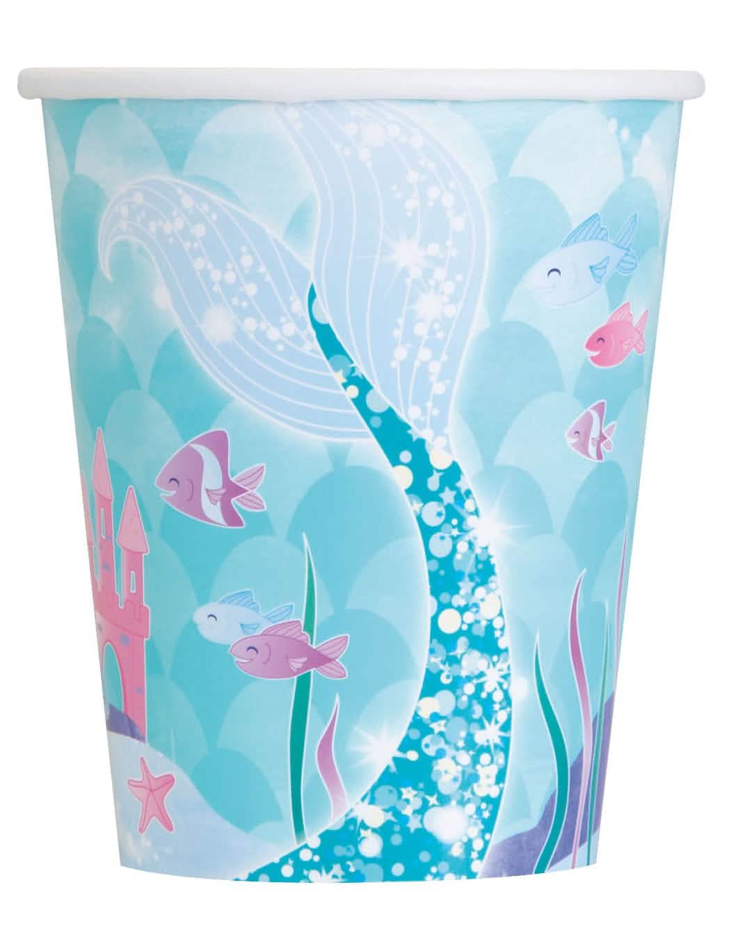 Gobelets en carton jolie sirène pour anniversaire bleu turquoise avec motifs marins