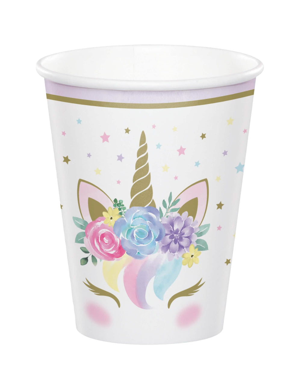 Gobelets en carton licorne féerique blancs avec fleurs multicolores et étoiles dorées