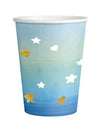 Gobelets en carton Oh Baby pour baby shower bleu et or avec cœurs et étoiles dorés