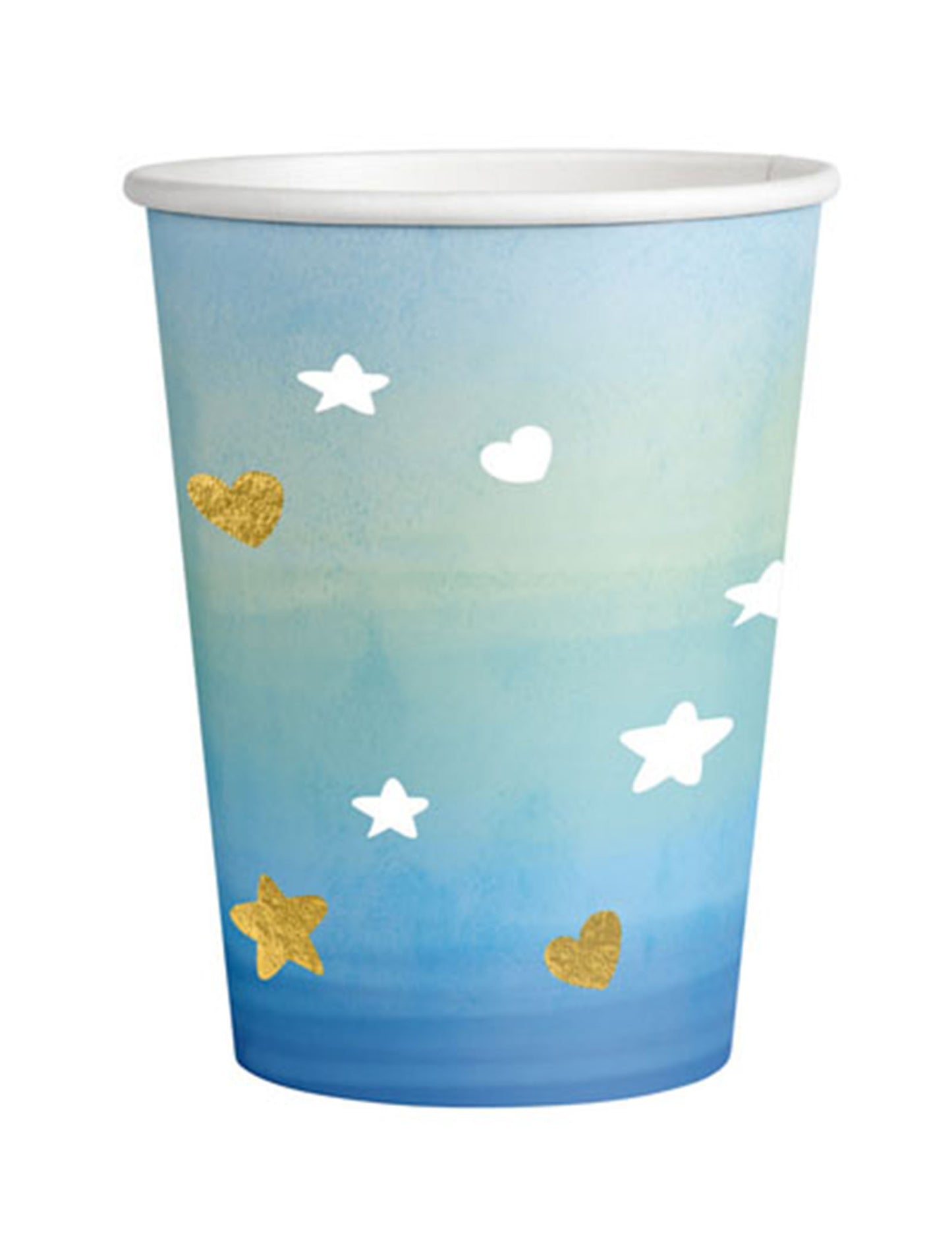 Gobelets en carton Oh Baby pour baby shower bleu et or avec cœurs et étoiles dorés
