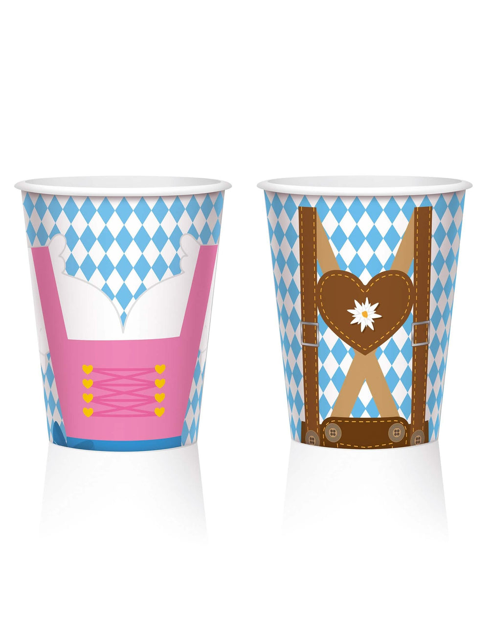 Pahvikupit olutfestivaali sininen ja valkoinen dirndl-mekko- ja lederhosen-kuvioilla