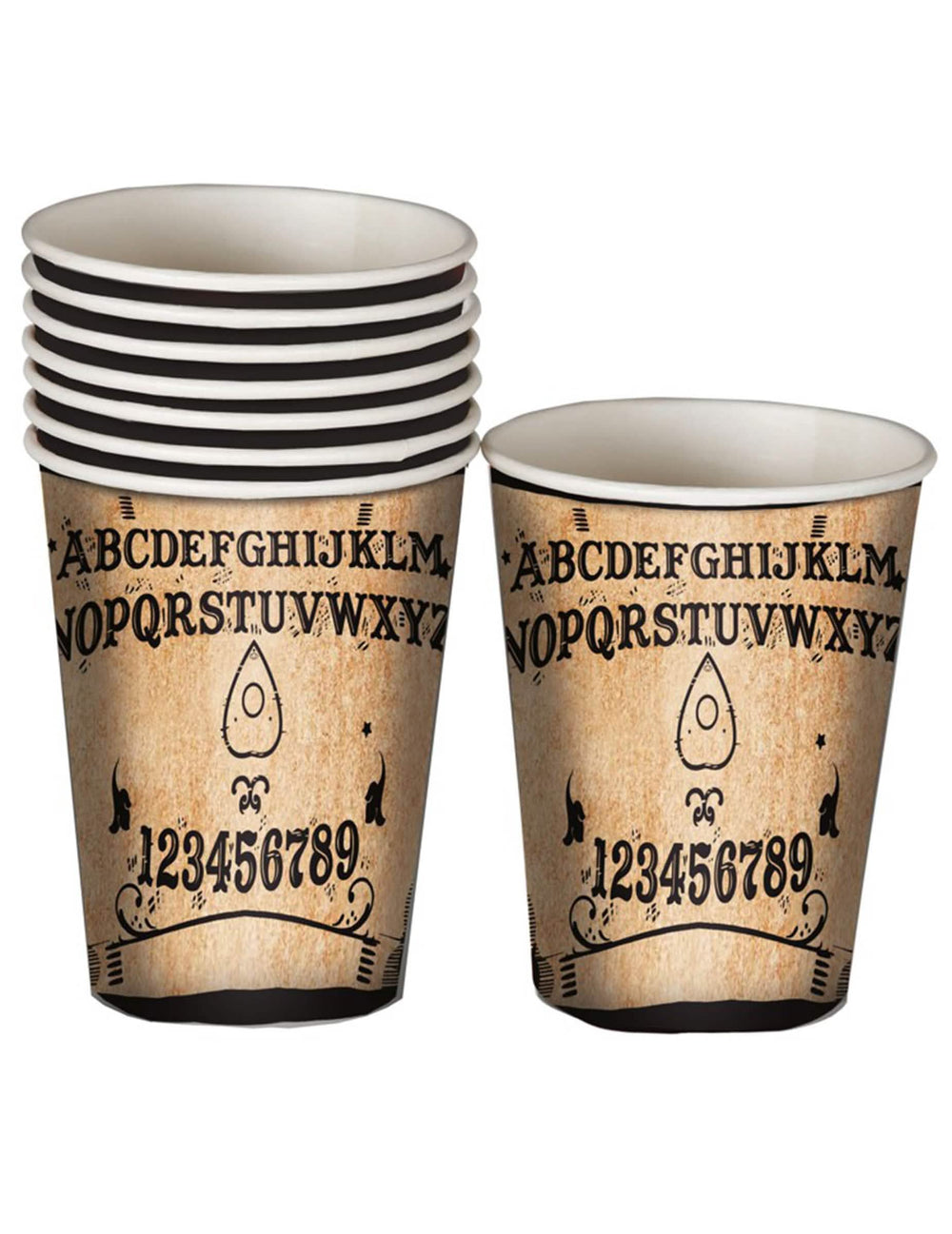 Kartoniset Ouija-juomalasit juhliin beige ja musta vanhan pergamentin näköisenä
