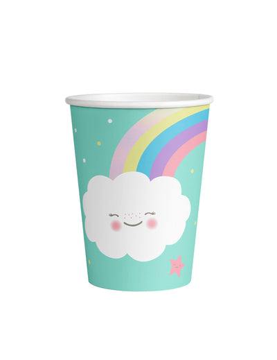 Gobelets en carton petit nuage pour enfant bleu menthe et arc-en-ciel