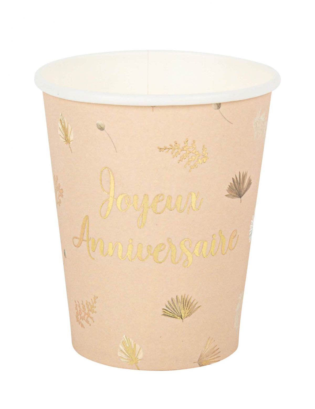 Gobelets Joyeux anniversaire boho pour fête blush et or en carton