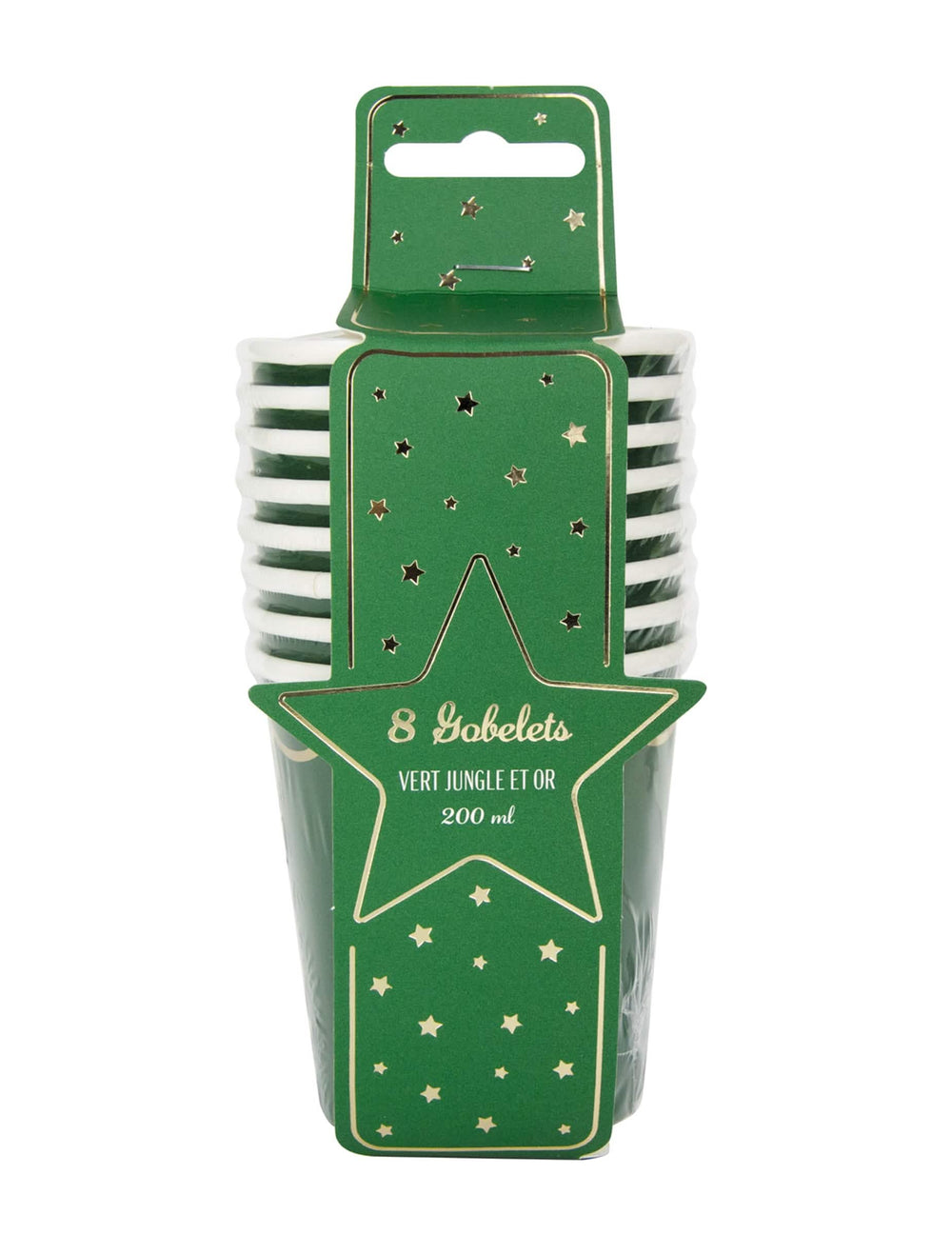 Vue du packaging des gobelets en carton de Noël pour fête vert et or festonnés