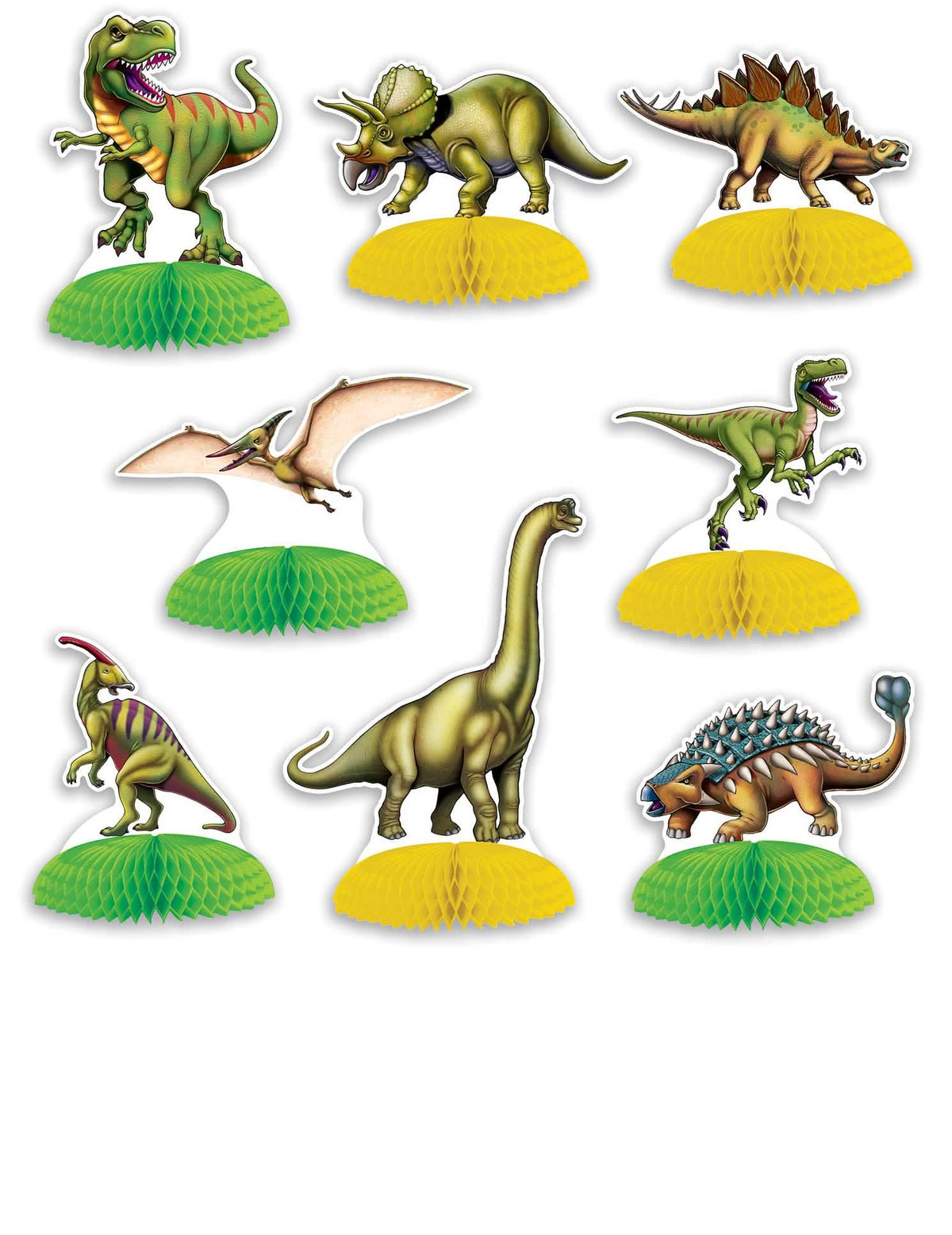 8 mini keskipöytäkoristetta Dinosauresille lapsille, vihreitä ja keltaisia