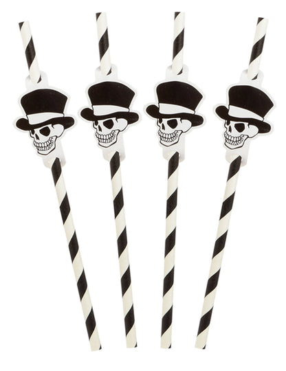 Pailles rayées squelette Halloween noir et blanc avec têtes de mort à chapeau haut-de-forme