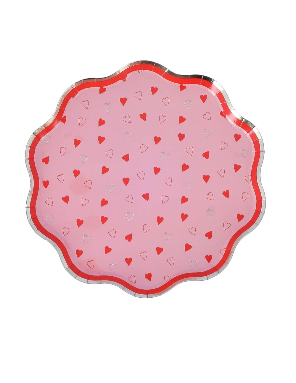 Assiettes en carton Dame de cœur rose avec motifs de petits cœurs rouges et argentés