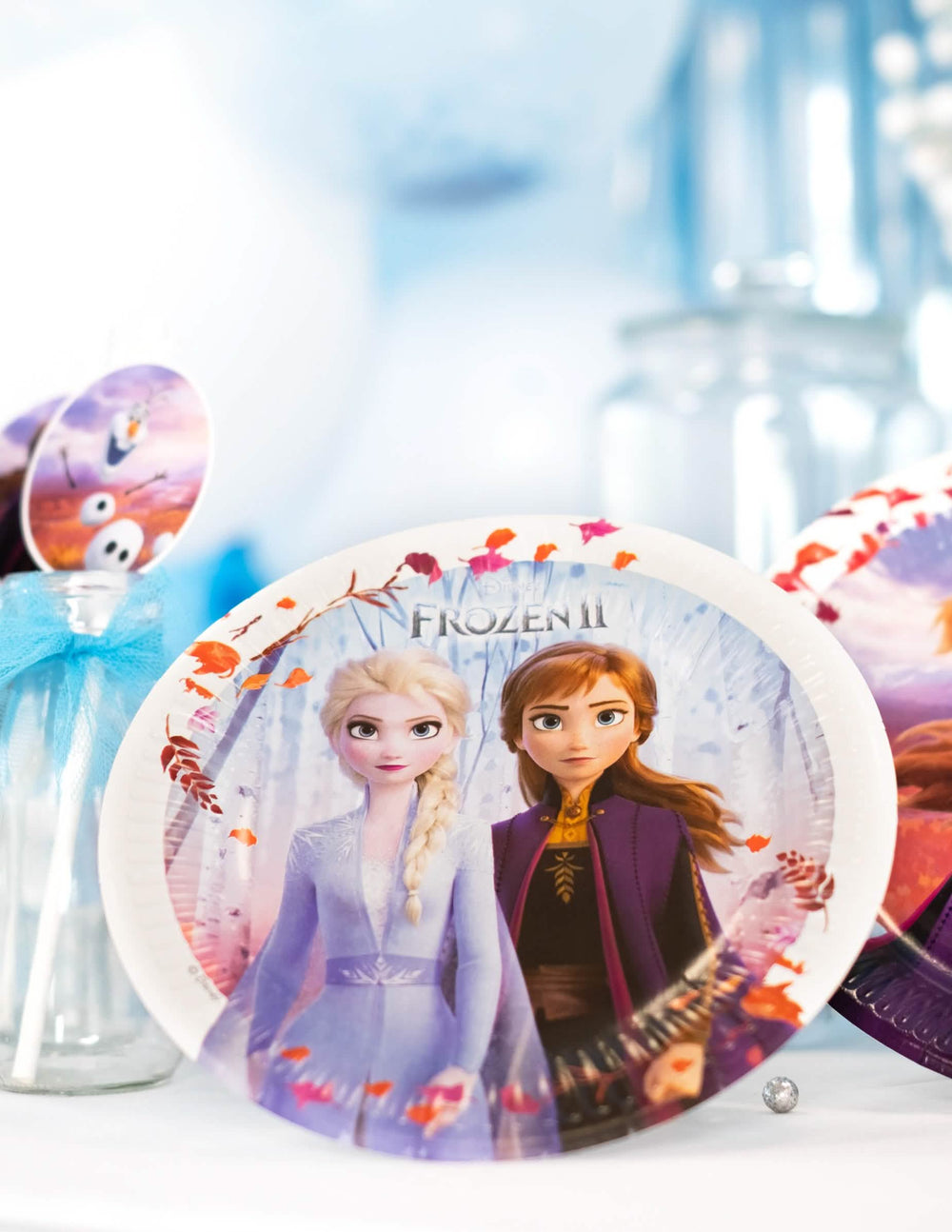 Gros plan sur l'illustration des assiettes en carton La Reine des Neiges 2