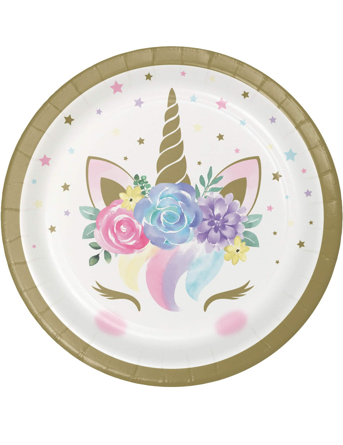Petites assiettes en carton licorne féerique blanches et dorées