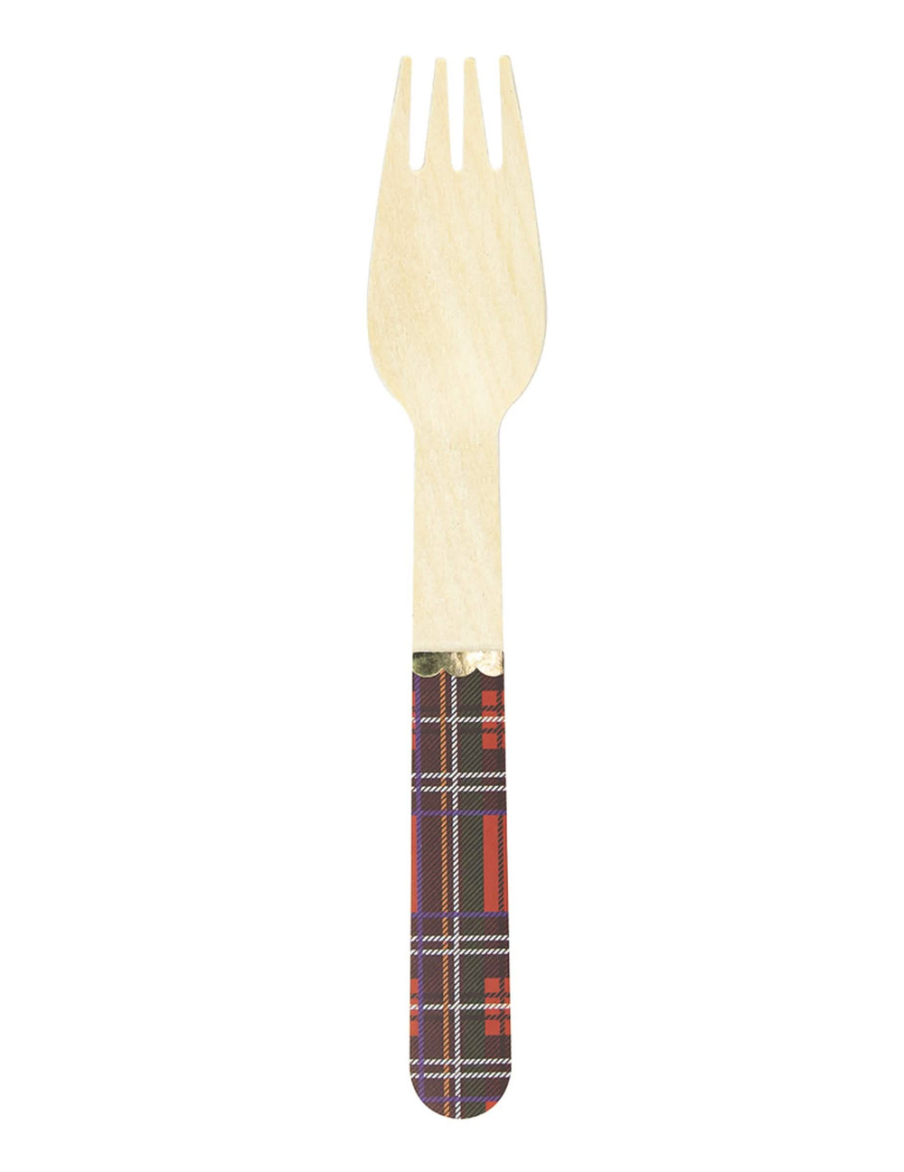 Fourchette en bois tartan de Noël jetable motif écossais rouge et vert