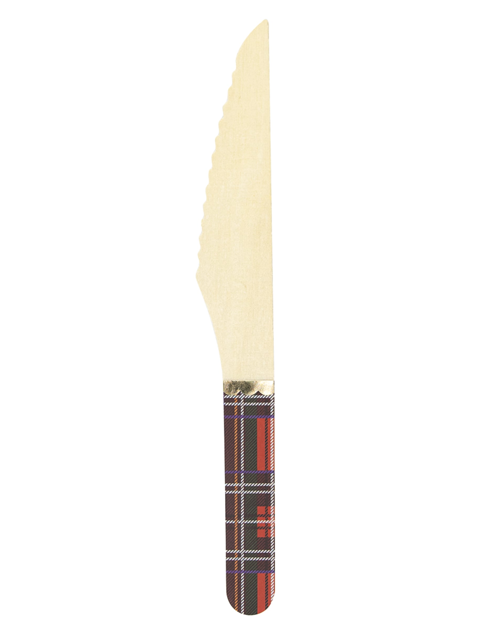 Couteau en bois tartan de Noël pour fête avec manche à carreaux rouges et galon doré