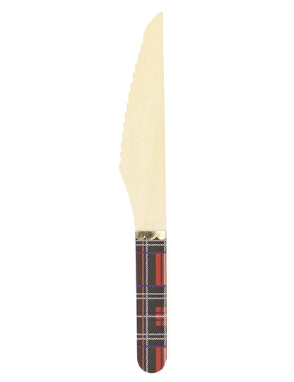 Couteau en bois tartan de Noël pour fête avec manche à carreaux rouges et galon doré