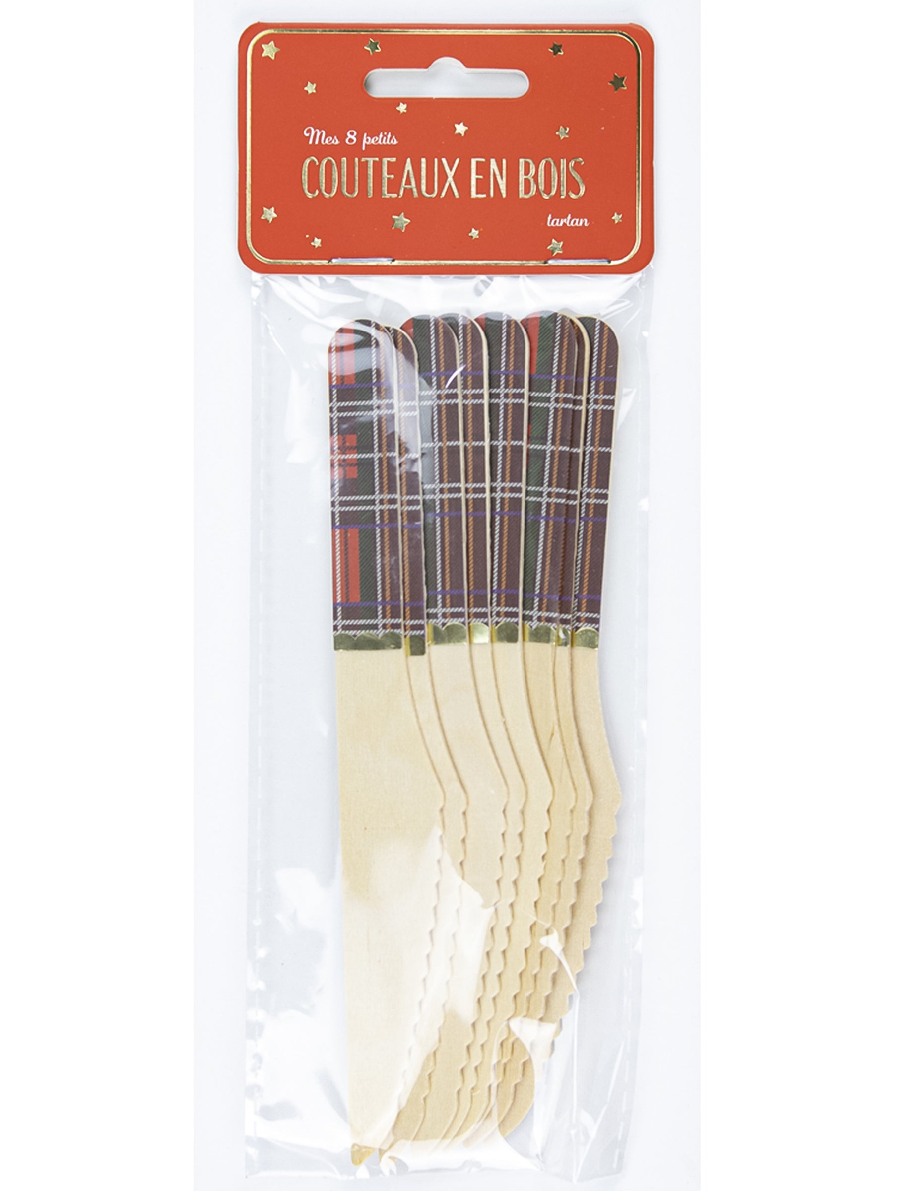 Vue de l'emballage du couteau en bois tartan de Noël
