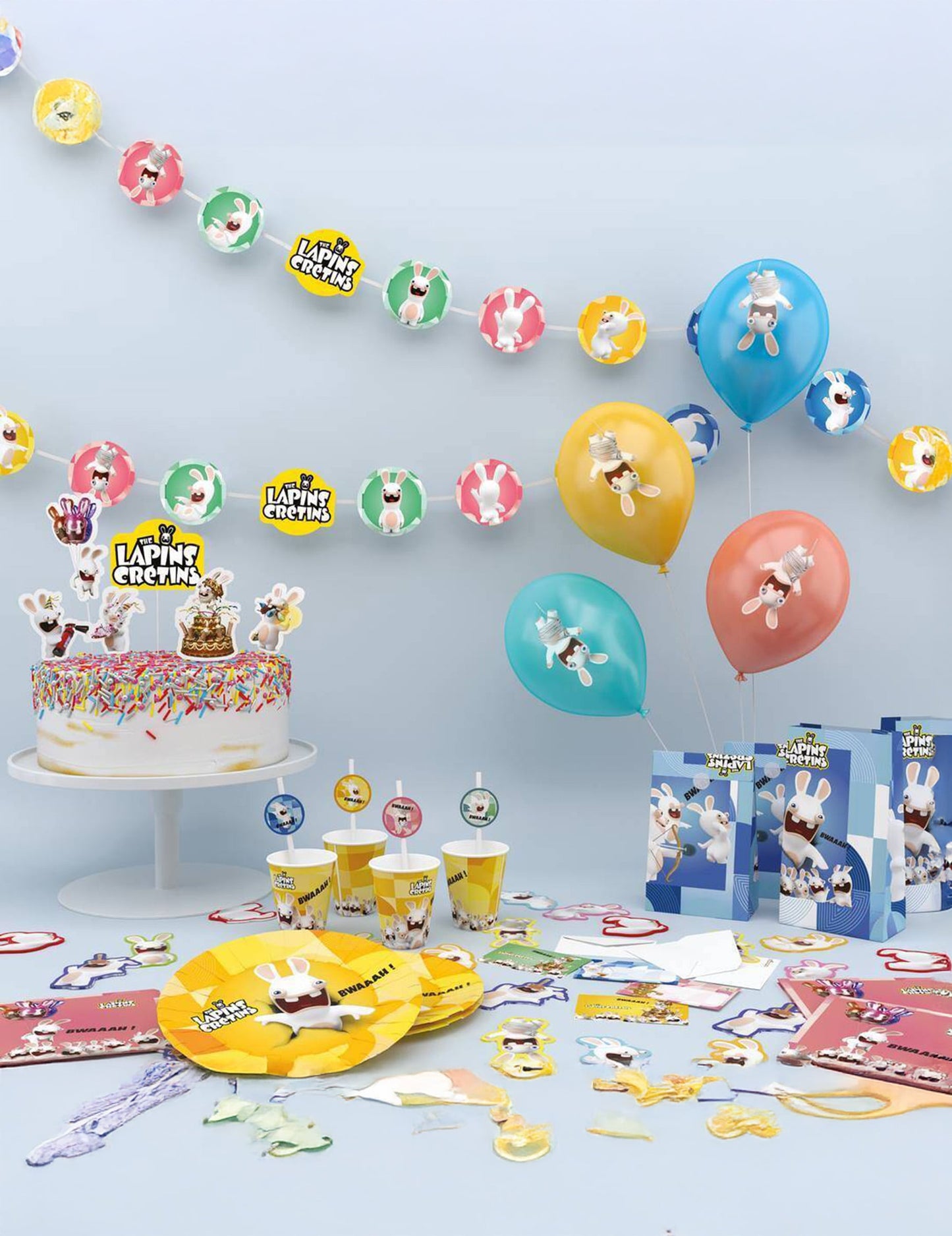 Mise en scène de la décoration de fête des 8 Sacs cadeaux Lapins crétins
