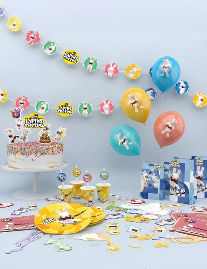 Mise en scène de la décoration de fête des 8 Sacs cadeaux Lapins crétins