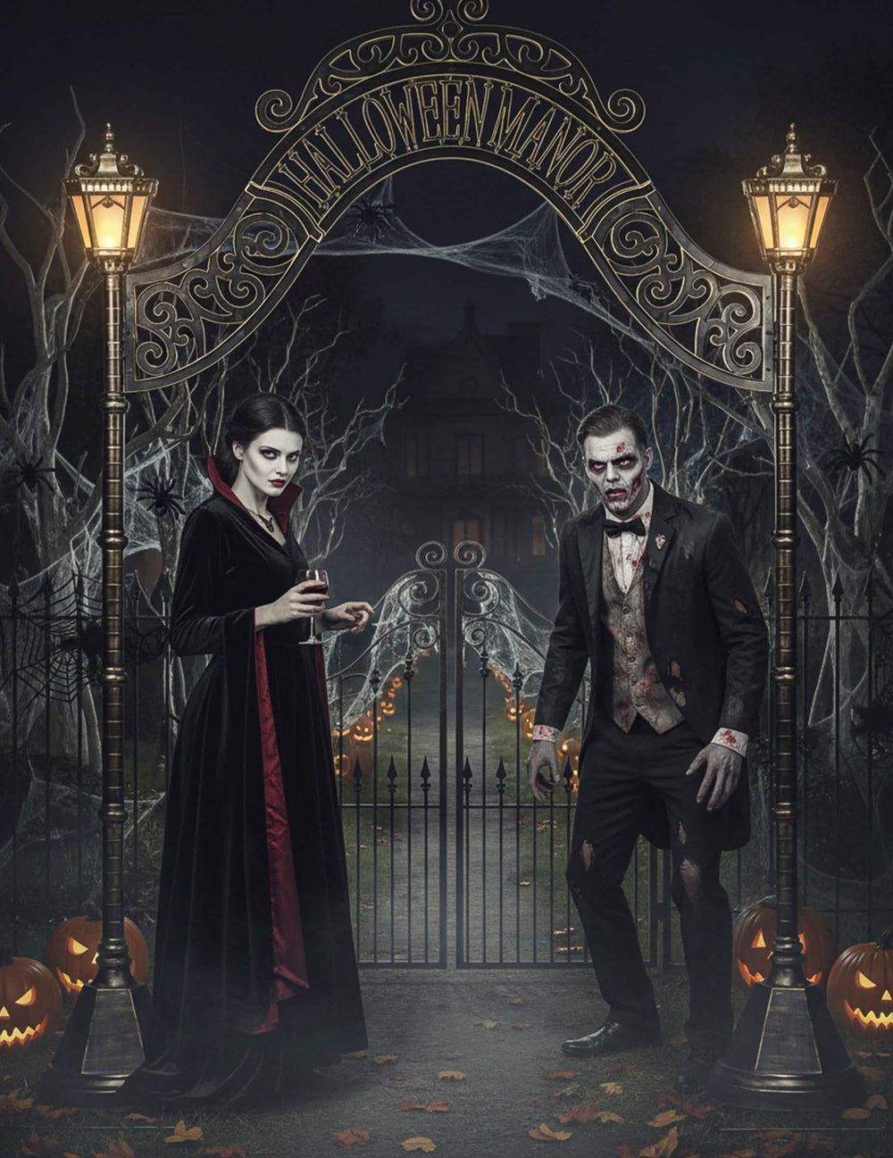 Arche Halloween Manoir Hanté avec lanternes lumineuses noires et dorées