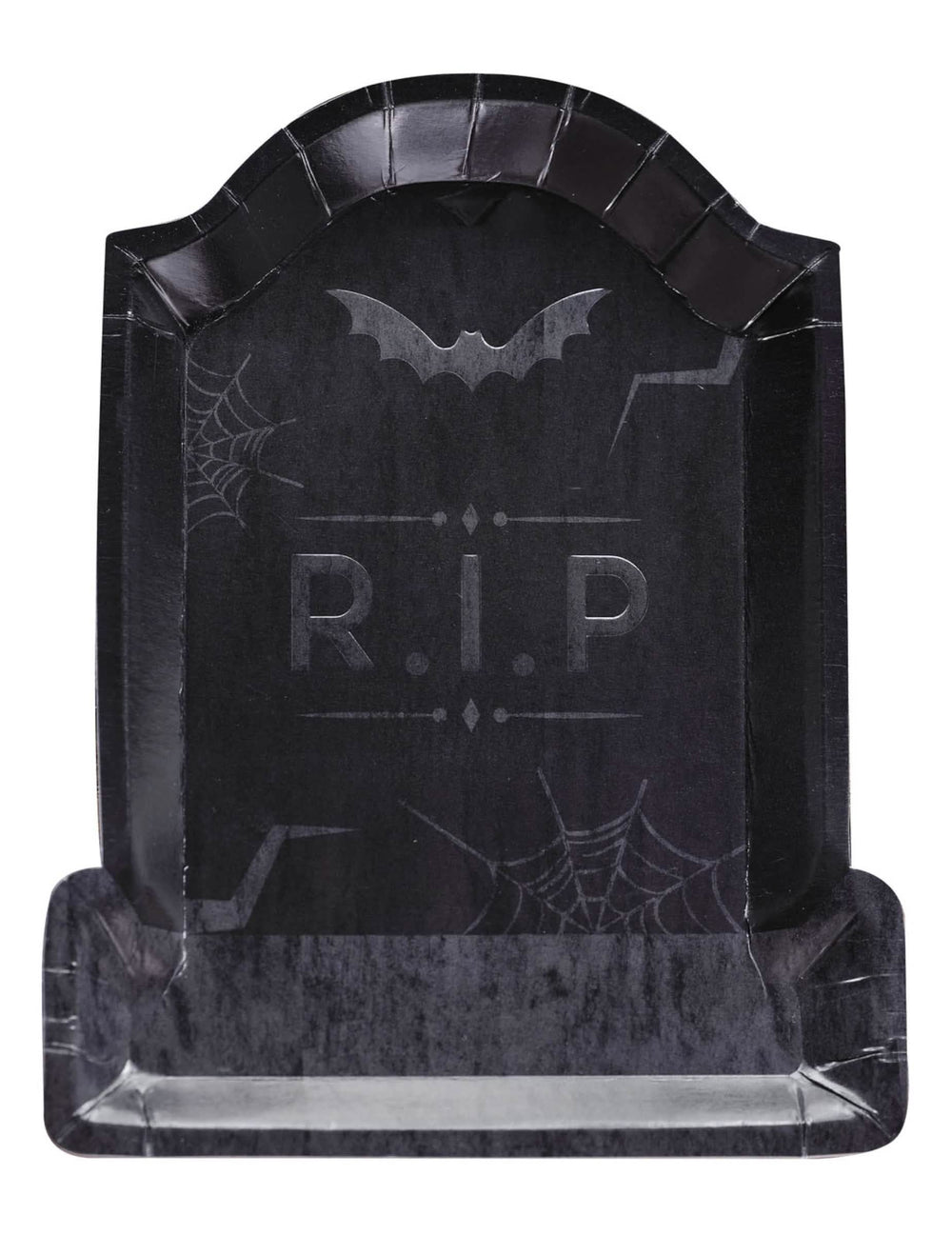 Assiettes en carton pierre tombale RIP pour Halloween noires avec motifs chauve-souris et toiles d'araignée
