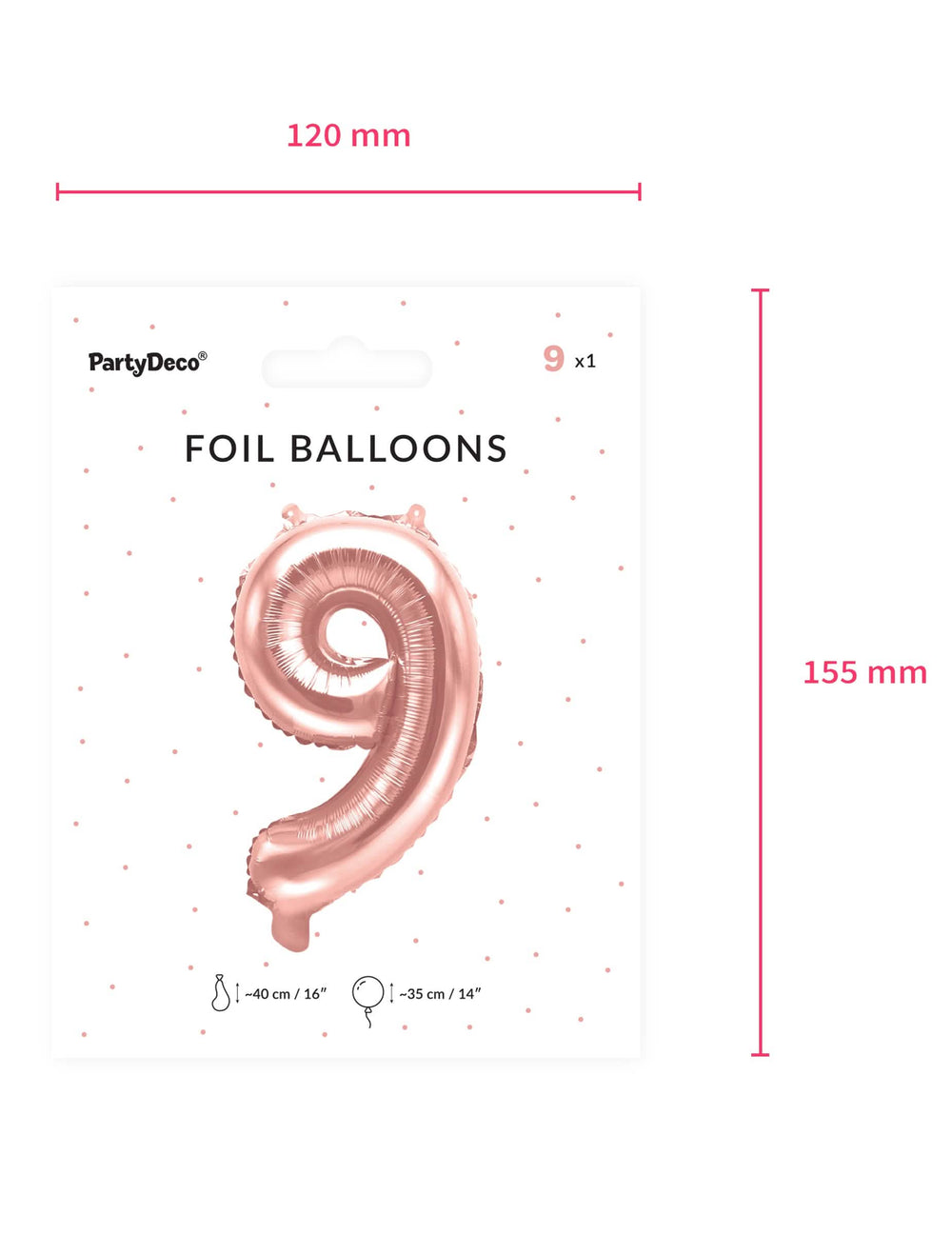 Pakkaustiedot ja ruusukultaisen numeroalumiinipallon mitat
