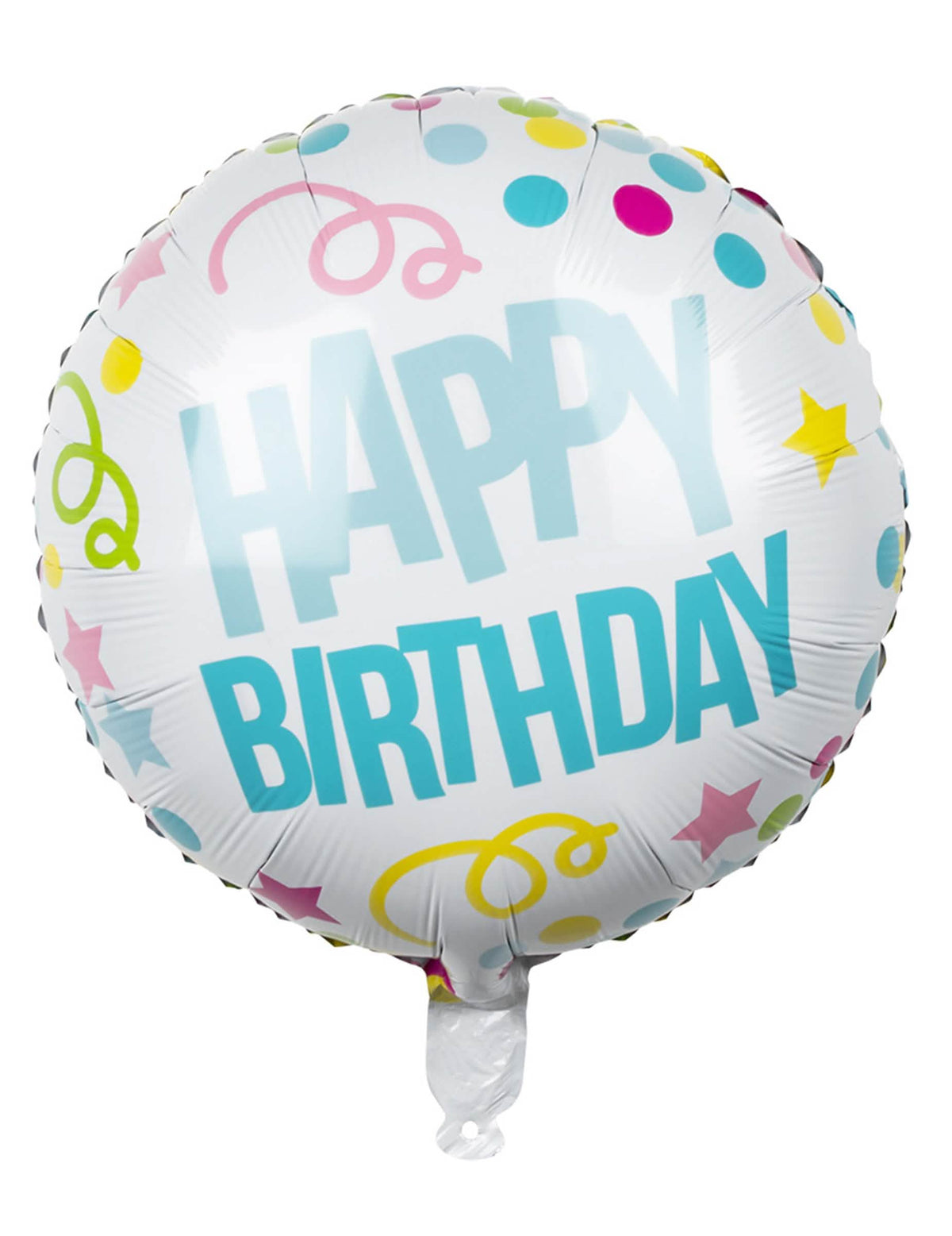 Ballon aluminium Confettis Happy Birthday pour anniversaire blanc aux motifs colorés