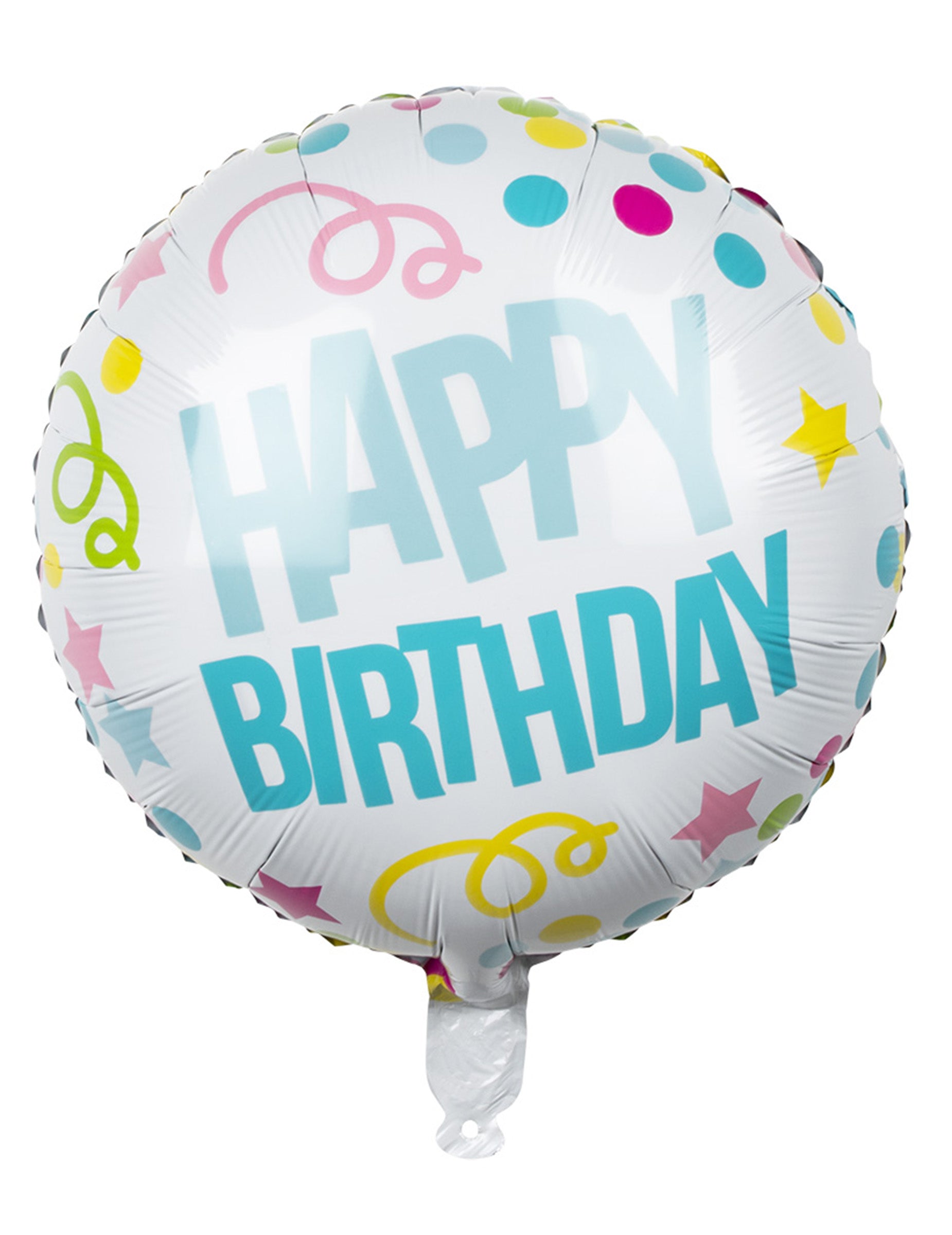 Ballon aluminium Confettis Happy Birthday pour anniversaire blanc aux motifs colorés