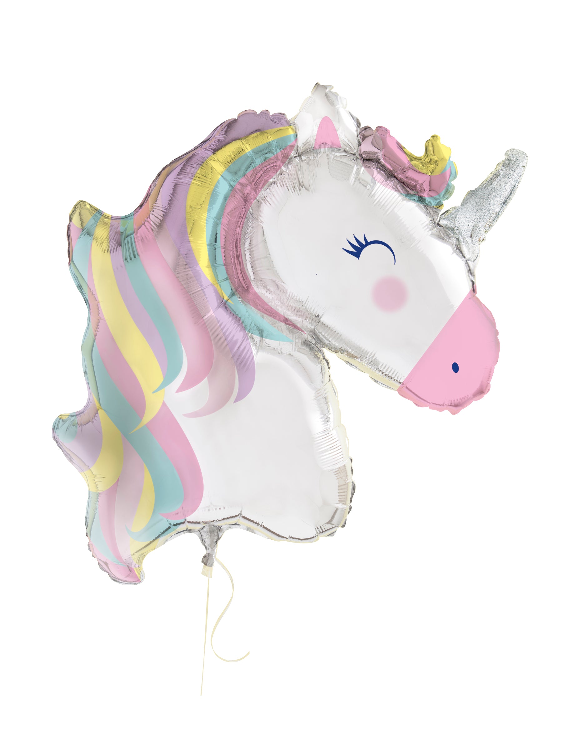 Ballon aluminium géant licorne magique pour enfant blanc aux reflets irisés et crinière pastel