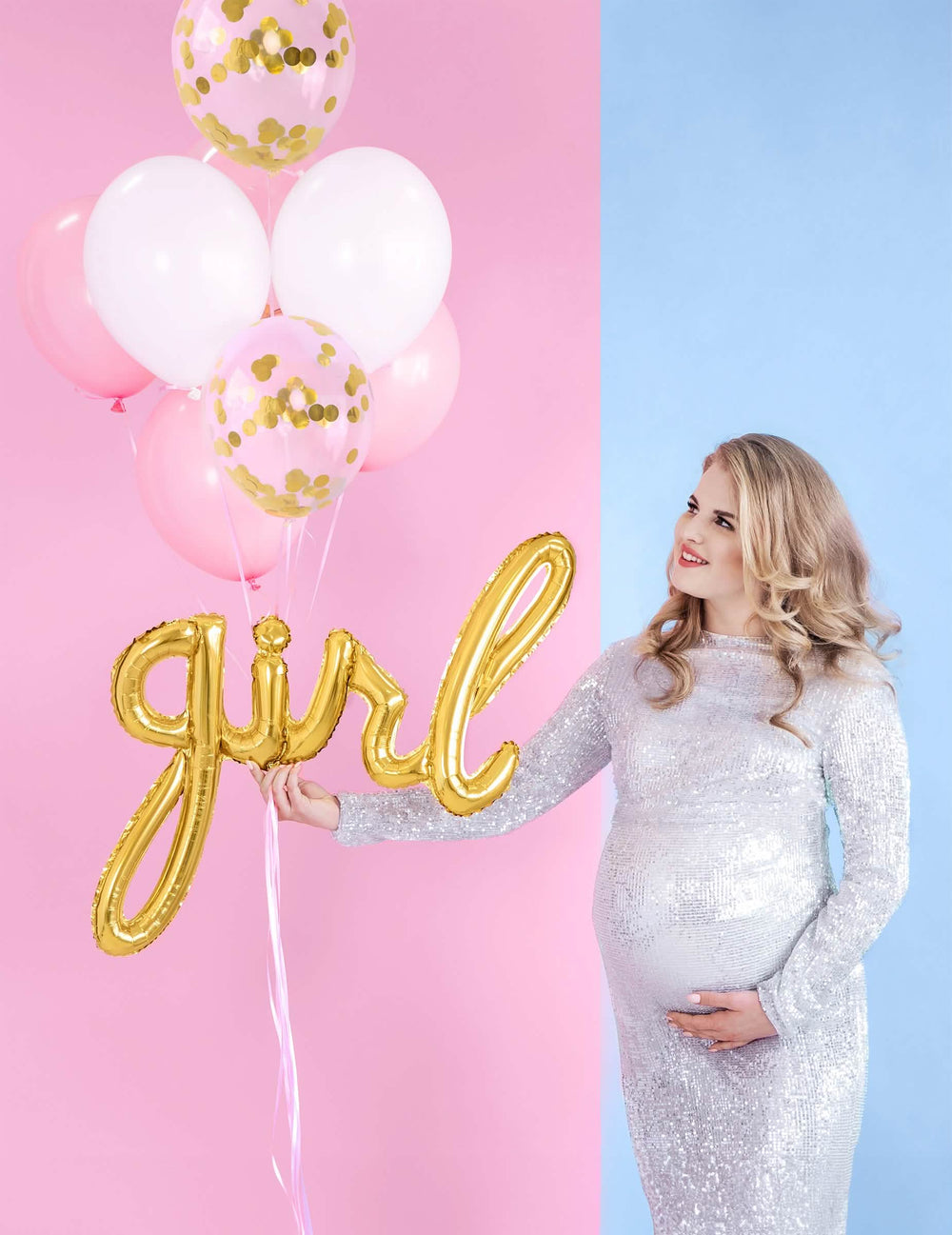 Baby shower -asetelma kulta foliopallolla girl