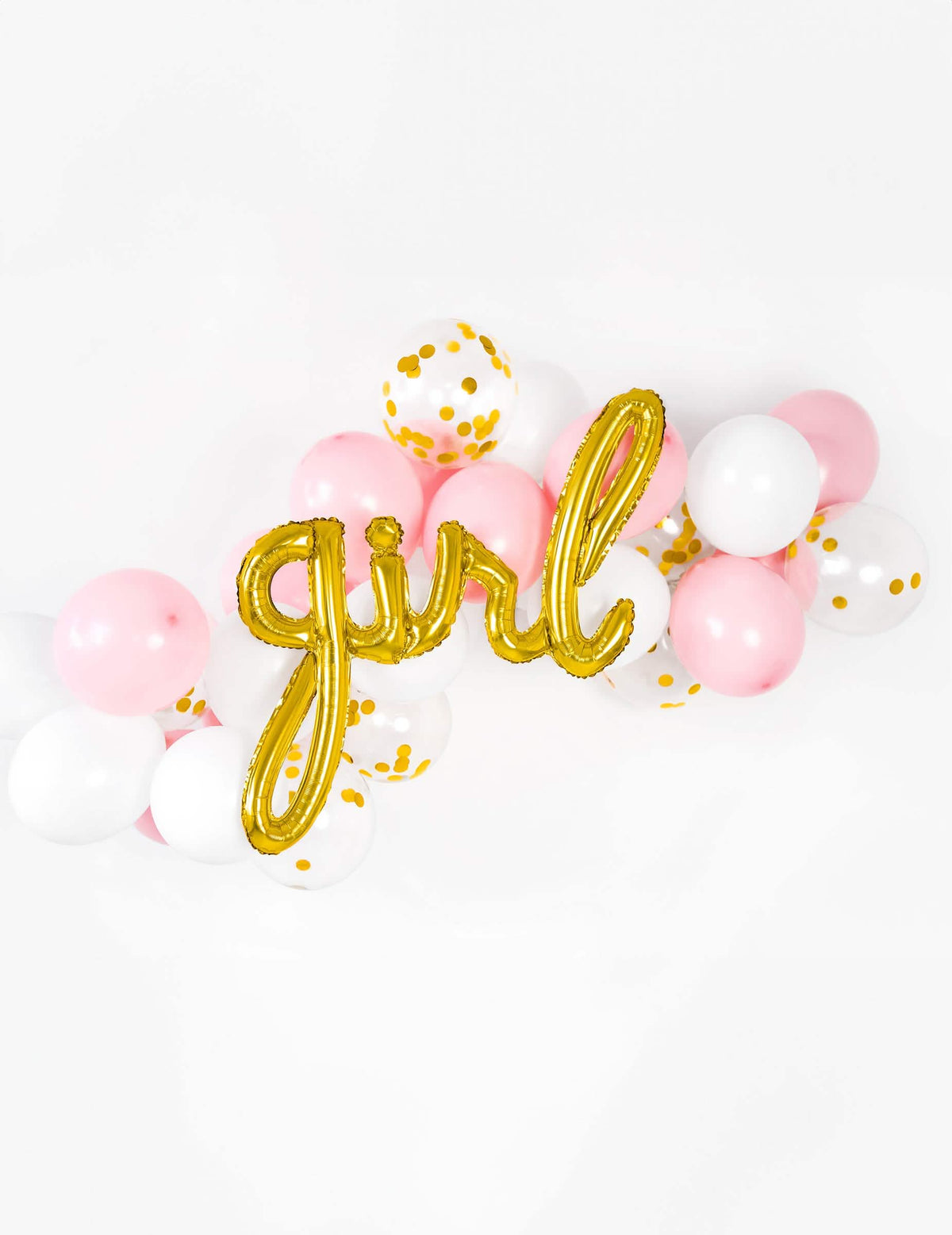 Vaaleanpunaisten ja valkoisten ilmapallojen sommitelma kullalla tyttö-alumiini-ilmapallo kanssa