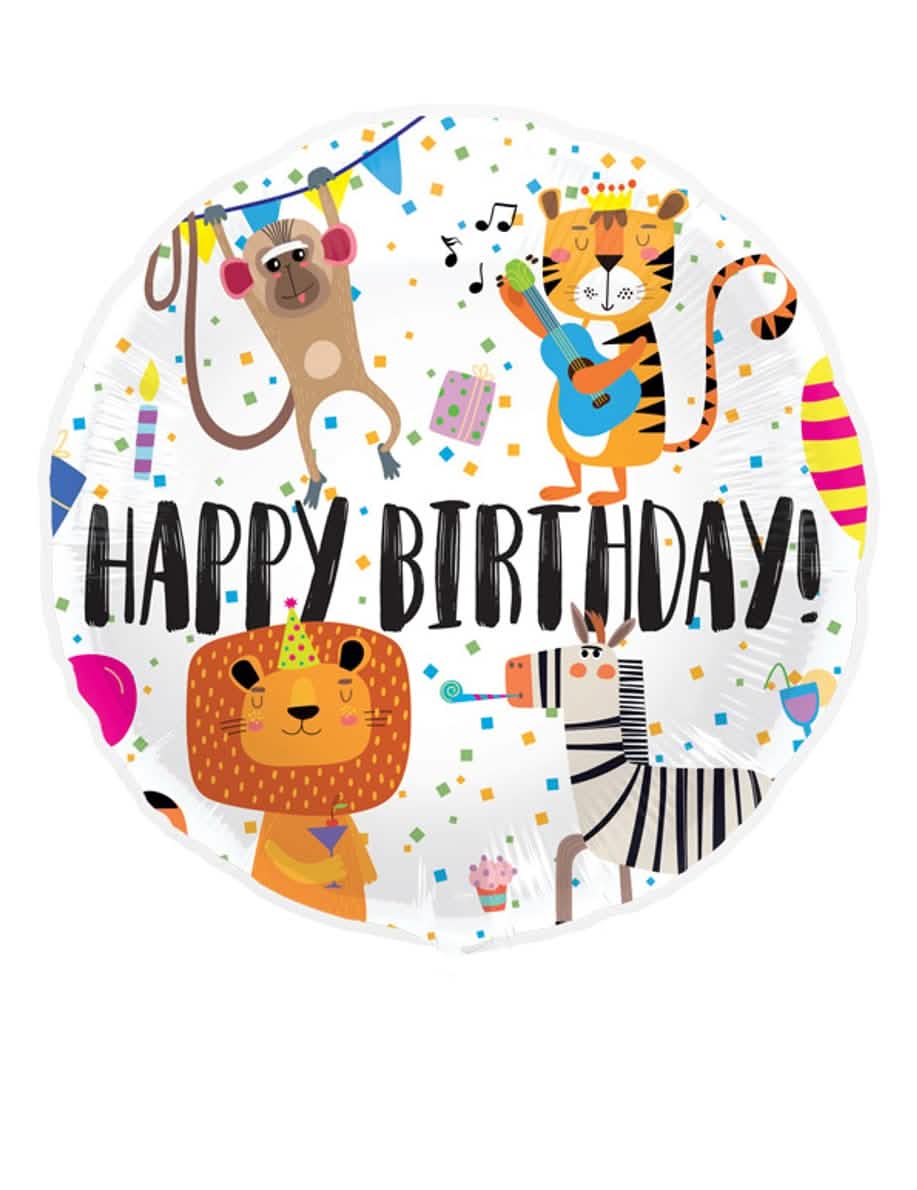 Aluminiumpallo Happy Birthday eläimet lapsille valkoinen monivärisillä kuvituksilla