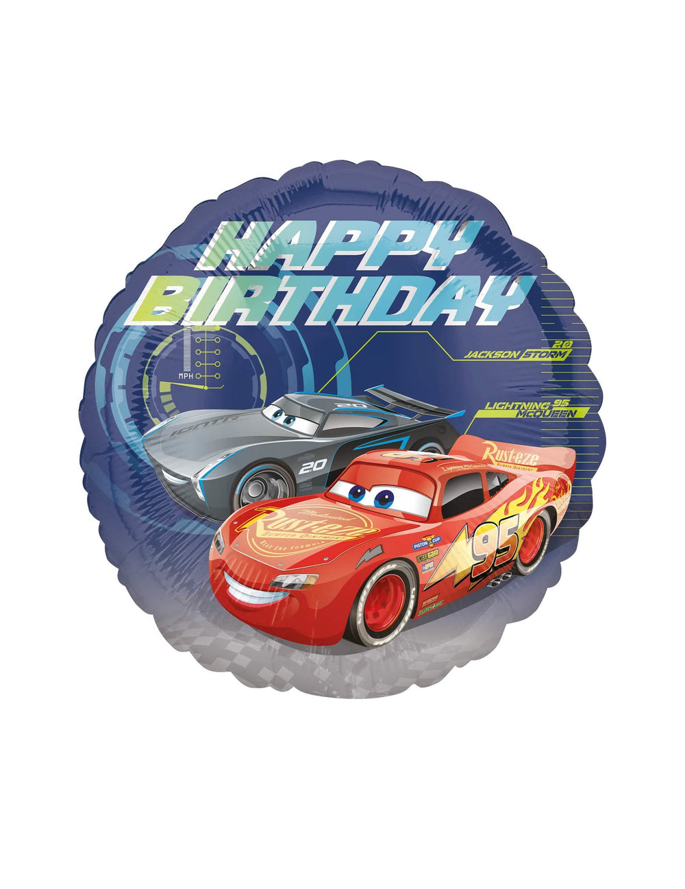 Alumiinipallo Happy Birthday Autot 3 lapsille sininen Flash McQueenin ja Jackson Stormin kanssa