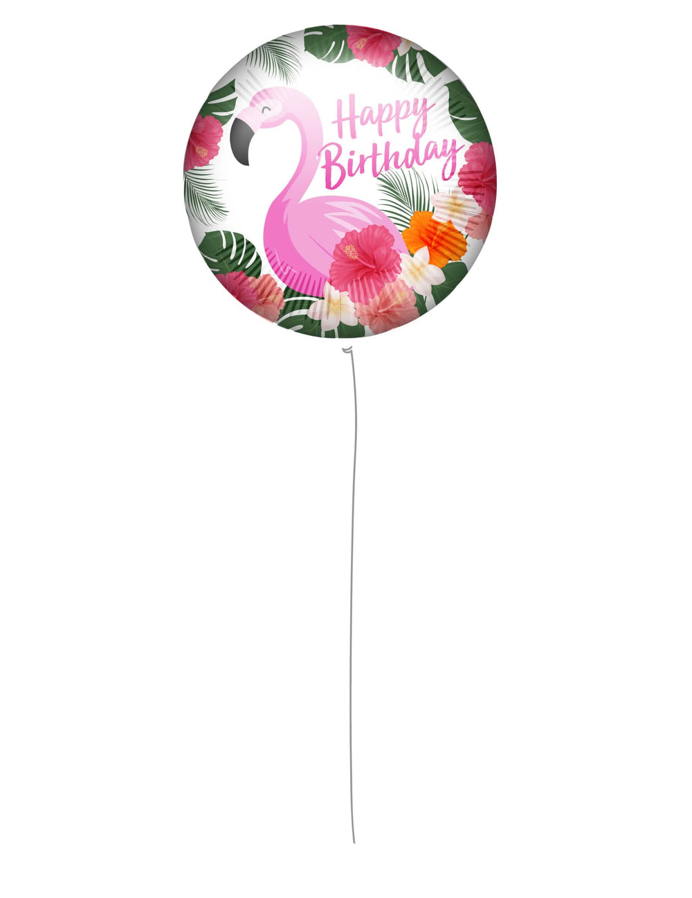 Alumiinipallo Happy Birthday vaaleanpunainen flamingo synttäreille valkoinen ja vaaleanpunainen trooppisilla kuvioilla