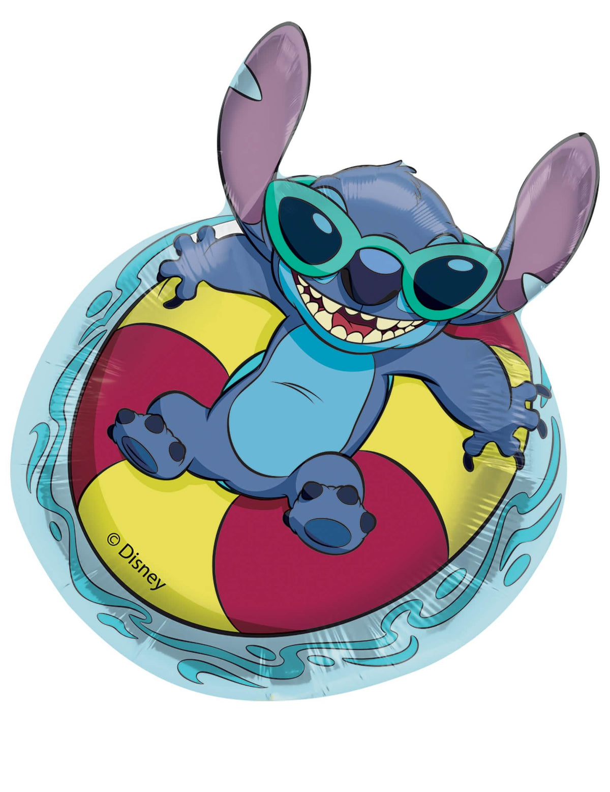 Ballon aluminium Summer Stitch pour fête bleu avec bouée jaune et rouge et lunettes vertes