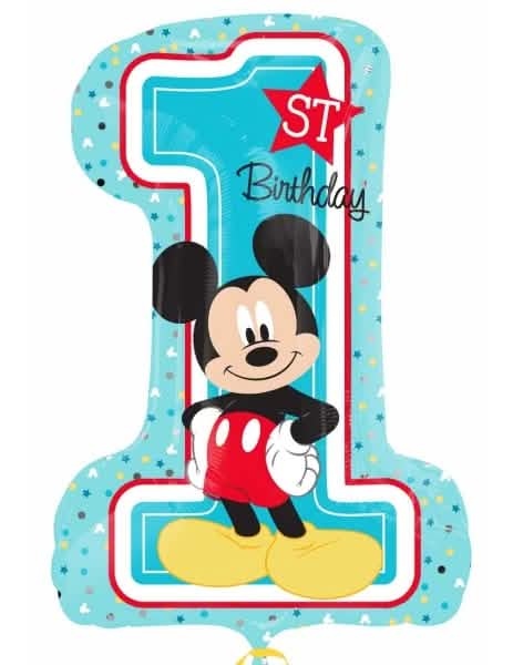 Ballon chiffre 1 aluminium Mickey bleu ciel avec inscription 1st Birthday