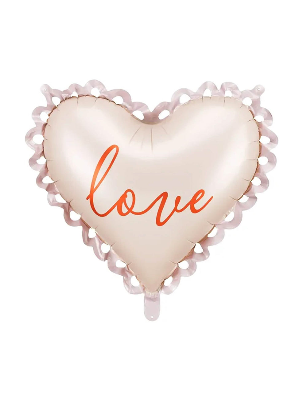 Ballon en aluminium cœur Love pour fête beige avec bordure dentelle et inscription orange