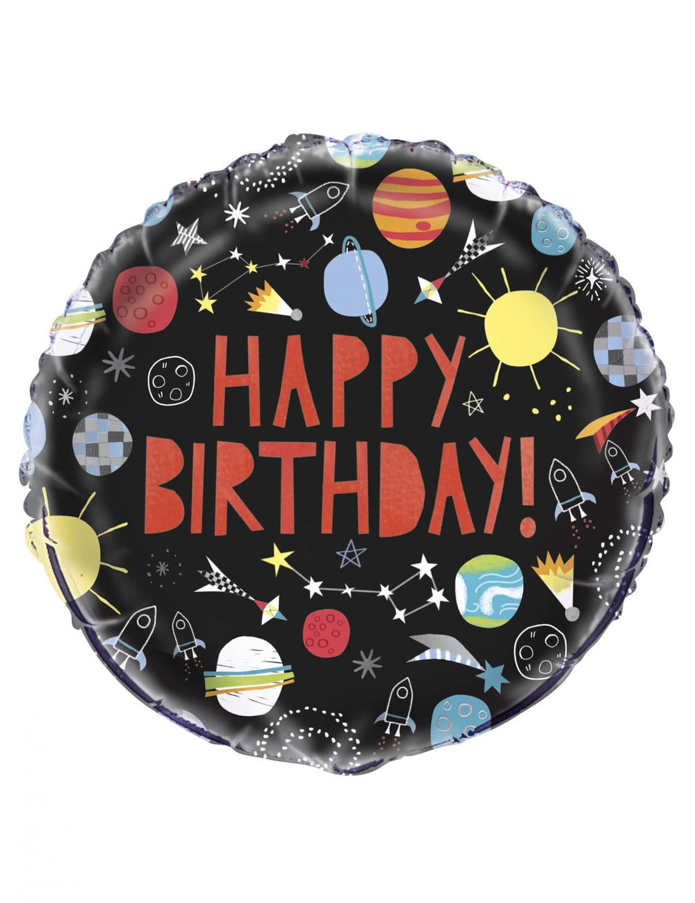 Hopeapallo alumiinista happy birthday univers synttäreille musta planeetoilla ja raketeilla