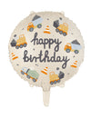Ballon Happy Birthday camions de chantier beige avec motifs d'engins de chantier