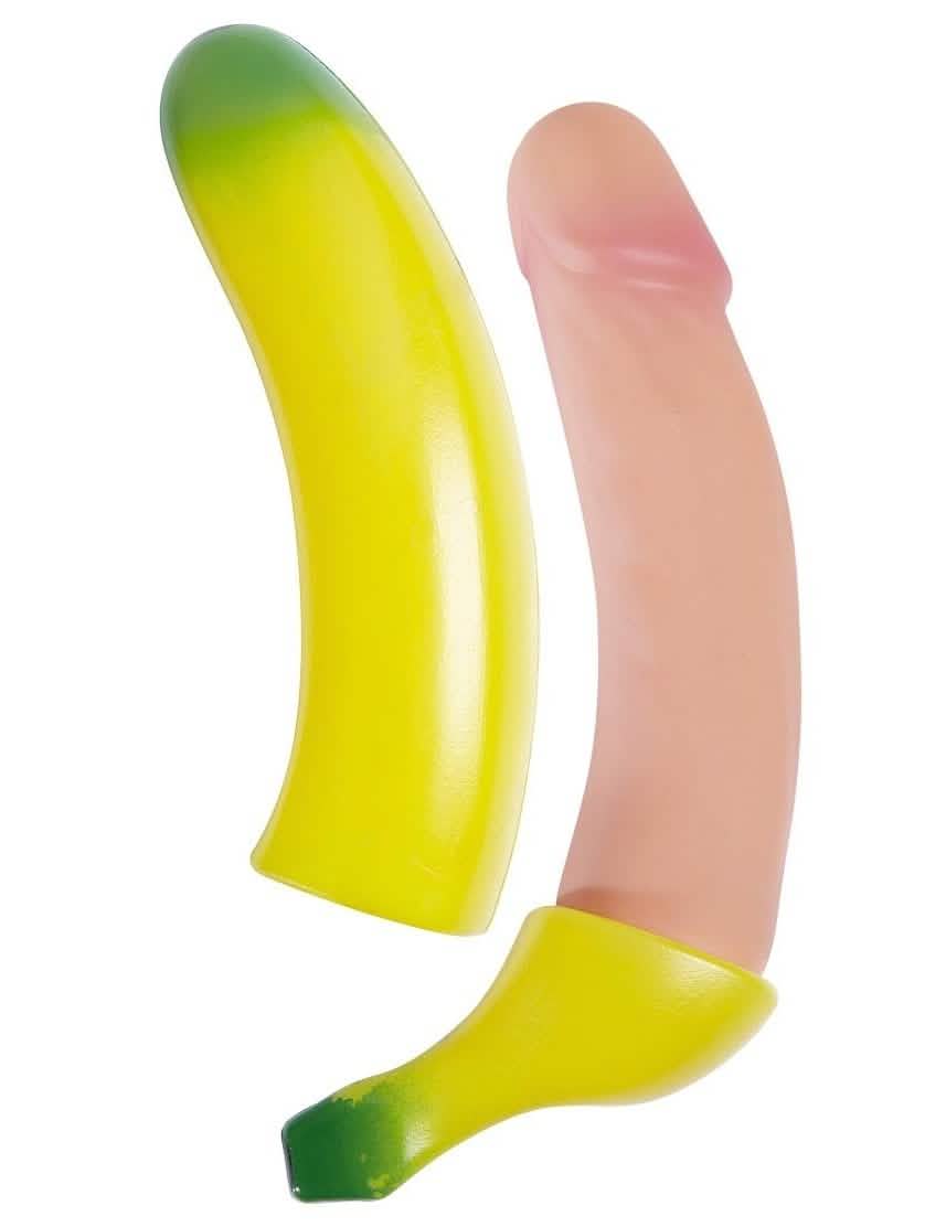 Hauska huumoristinen aikuisille tarkoitettu keltainen banaani, jossa on vaaleanpunainen phallus