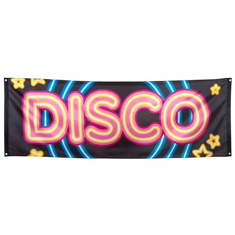 Bannière Disco Fever -juhlaan mustalla pohjalla, jossa on vaaleanpunainen ja keltainen teksti