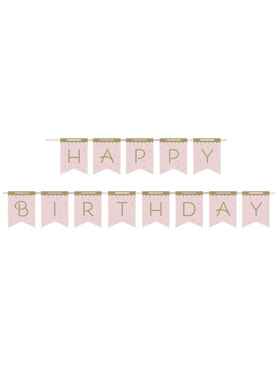 Bannière en carton Happy Birthday cygne royal rose et dorée