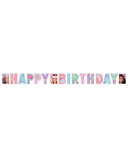 Vue de face de la bannière en papier Happy Birthday Barbie Sweet Life