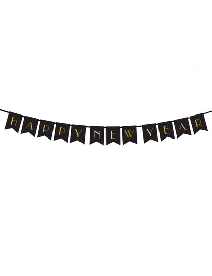 Bannière Happy New Year pour fête noire et dorée en papier