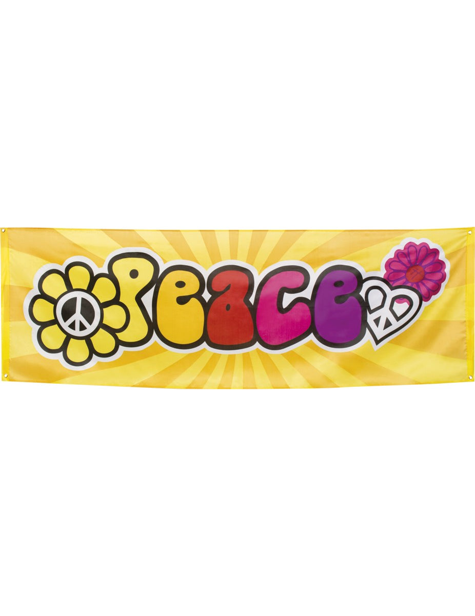 Bannière en tissu Hippie Flower Power pour fête jaune avec inscription Peace multicolore