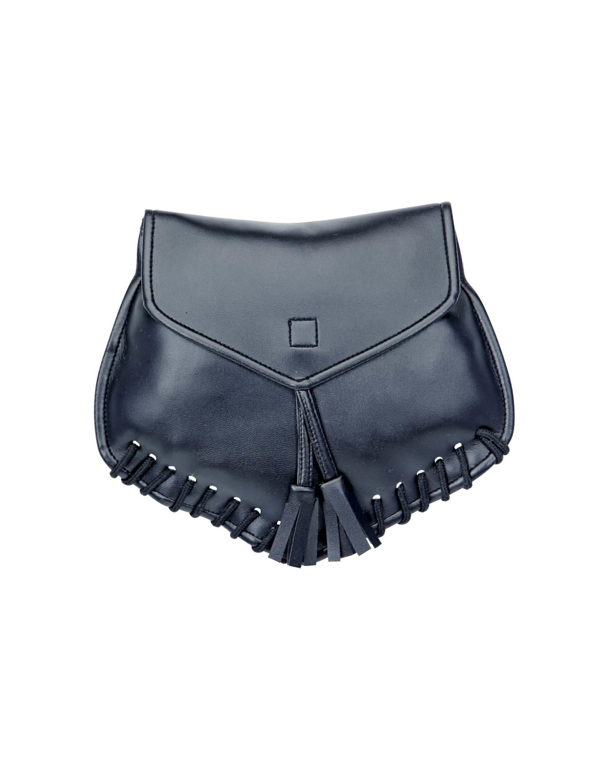 Besace en faux cuir noir avec pompons et bordure lacée