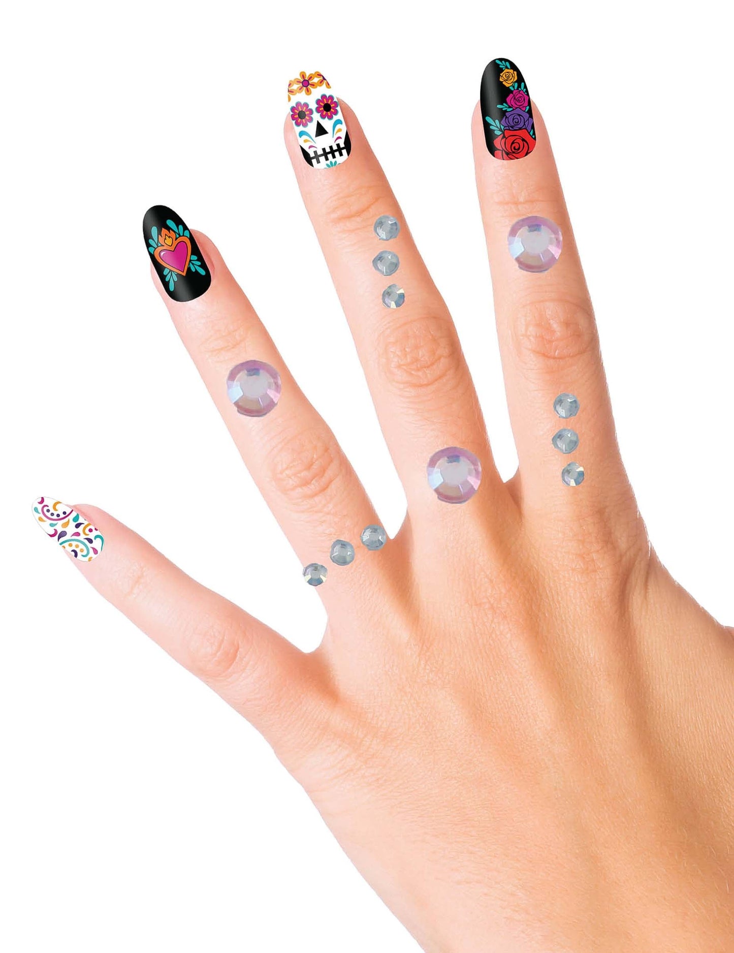 Détail de l'application sur la main du bijoux pour visage adhésifs cristaux pour femme roses